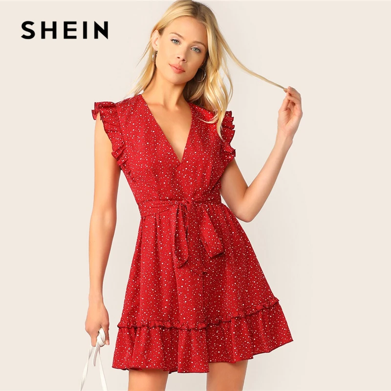 

SHEIN Bohemian Red Deep V Neck Ruffle Armhole Self Belted Dot Print Summer Dress Women Sleeveless A Line Short Elegant Dresses