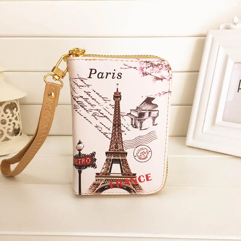 Retro Two Fold Eiffel Zip Short Mini wallet Women Clutch PU leather wallet purse fresh Ladies wallet coin purse Female money bag