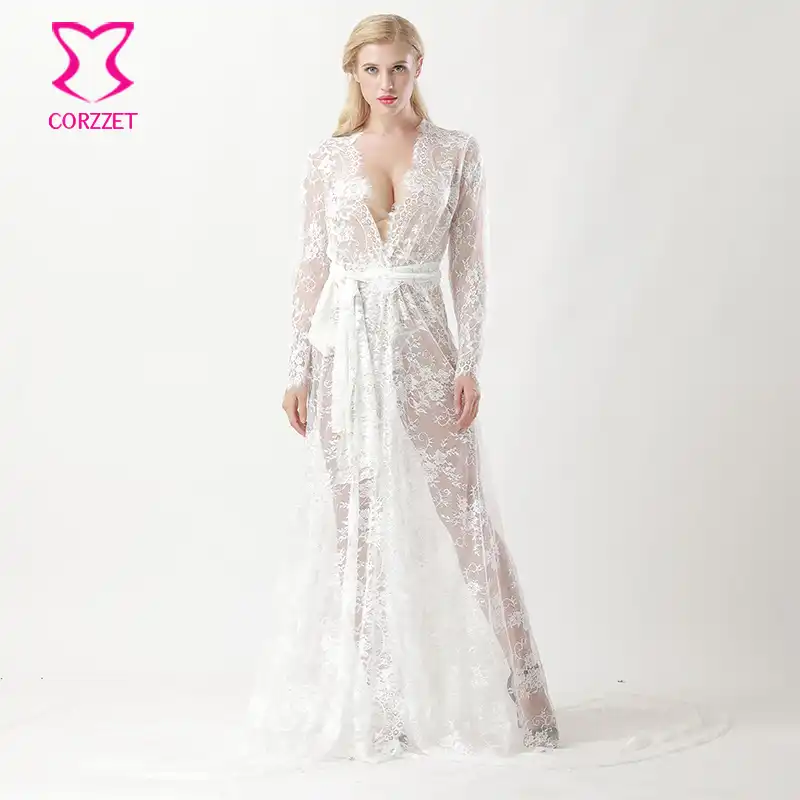 White See Through Floral Lace Long Tail Mermaid Nightgown Vintage