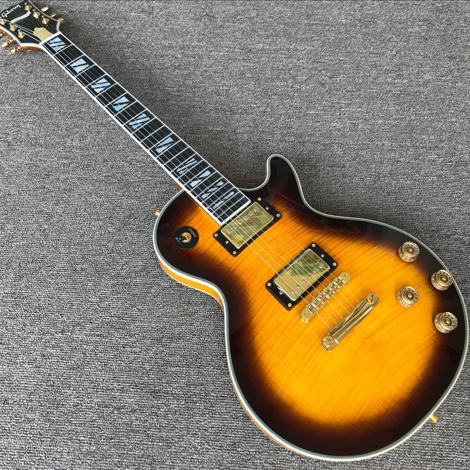 Custom Shop Electric guitar with Ebony Fretboard, Fret edge binding, Brown Yellow color Flame Maple Top &Back, Guitarra
Custom Shop Electric guitar with Ebony Fretboard, Fret edge binding, Brown Yellow color Flame Maple Top &Back, Guitarra