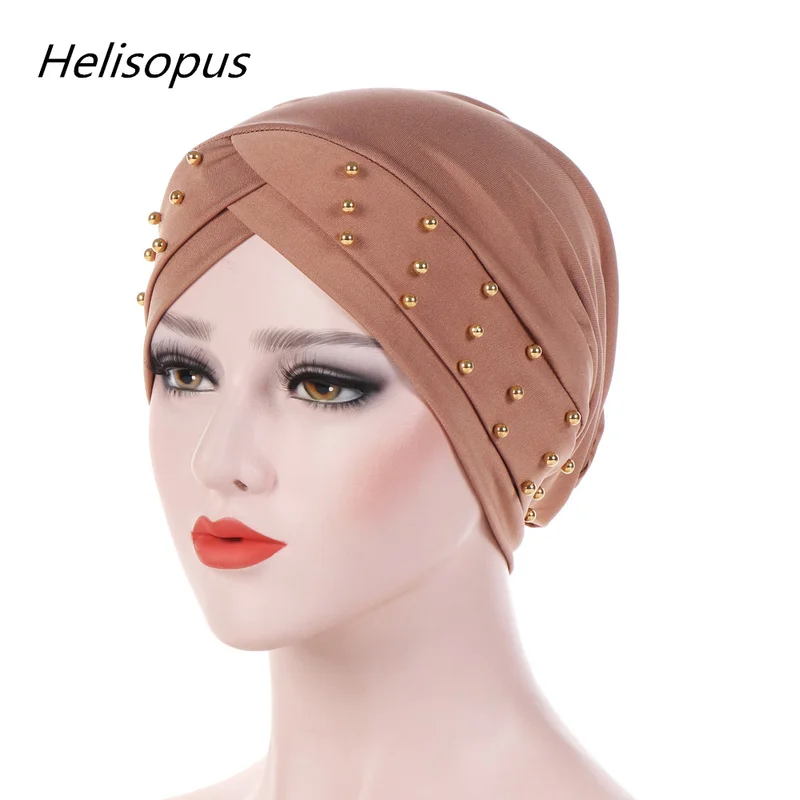 Helisopus Muslim Women India Elastic Turban Solid Color Pearl Head Wrap Cap Female Soft Chemo Hat Beanie Scarf Hair Accessories
Helisopus Muslim Women India Elastic Turban Solid Color Pearl Head Wrap Cap Female Soft Chemo Hat Beanie Scarf Hair Accessories