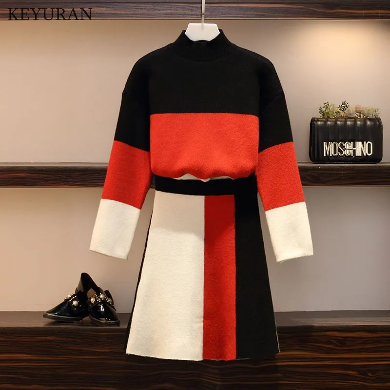 Plus Size XL-4XL Knitting Sweater Suits 2 Pieces Set Women Hit Color Pullovers + Skirt Fashion Korean Cute Patchwork Tops Skirts
Plus Size XL-4XL Knitting Sweater Suits 2 Pieces Set Women Hit Color Pullovers + Skirt Fashion Korean Cute Patchwork Tops Skirts
