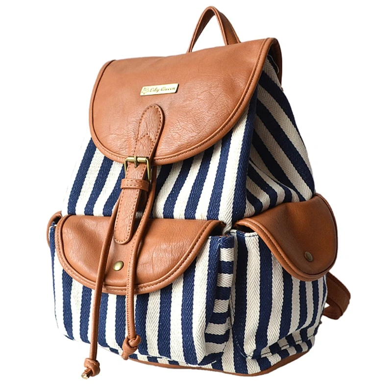 Women Girls Canvas Vintage Striped Rucksack School Bag Backpack Casual Daypack Fashion 3 3TT900155-30