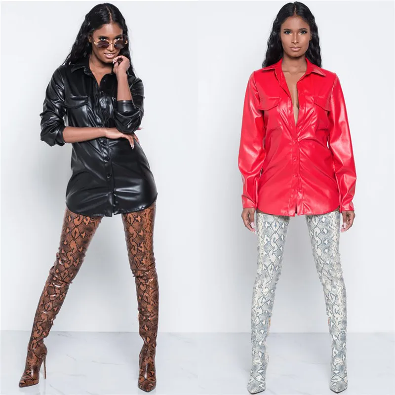 Women Fashion PU Leather Tee Shirt Dress Tops Turn Down Collar Long Sleeve Sexy Button Up Club Wear Party Dresses Blouses
Women Fashion PU Leather Tee Shirt Dress Tops Turn Down Collar Long Sleeve Sexy Button Up Club Wear Party Dresses Blouses