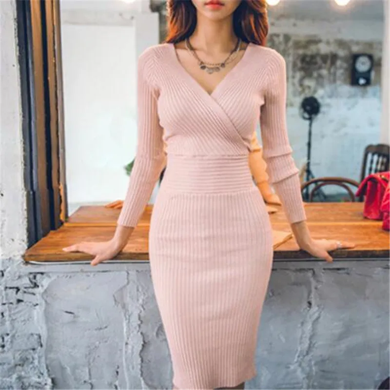 Fit 45-70KG Autumn Winter Women Knitted Cotton Skinny Sweater Dress V-neck Slim Bodycon Dress Elegant Pink Sexy Party Vestidos
Fit 45-70KG Autumn Winter Women Knitted Cotton Skinny Sweater Dress V-neck Slim Bodycon Dress Elegant Pink Sexy Party Vestidos