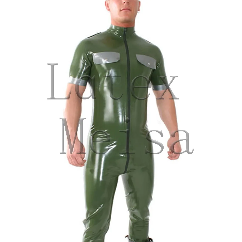 Army green men's Zentail latex jumpsuit decorative with chest pockets and attached front zip to back waist
Army green men's Zentail latex jumpsuit decorative with chest pockets and attached front zip to back waist