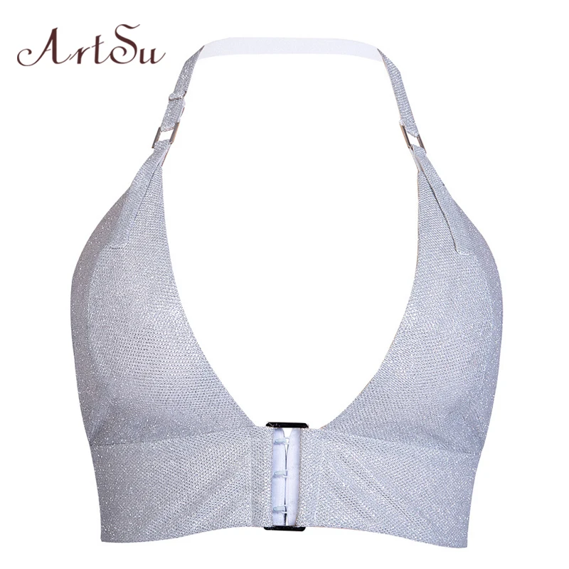 

ArtSu 2019 Women Halter Crop Top Glitter Sleeveless Backless Bralette Bustier Top Underwear Women Sexy Clubwear Camis ASVE20456