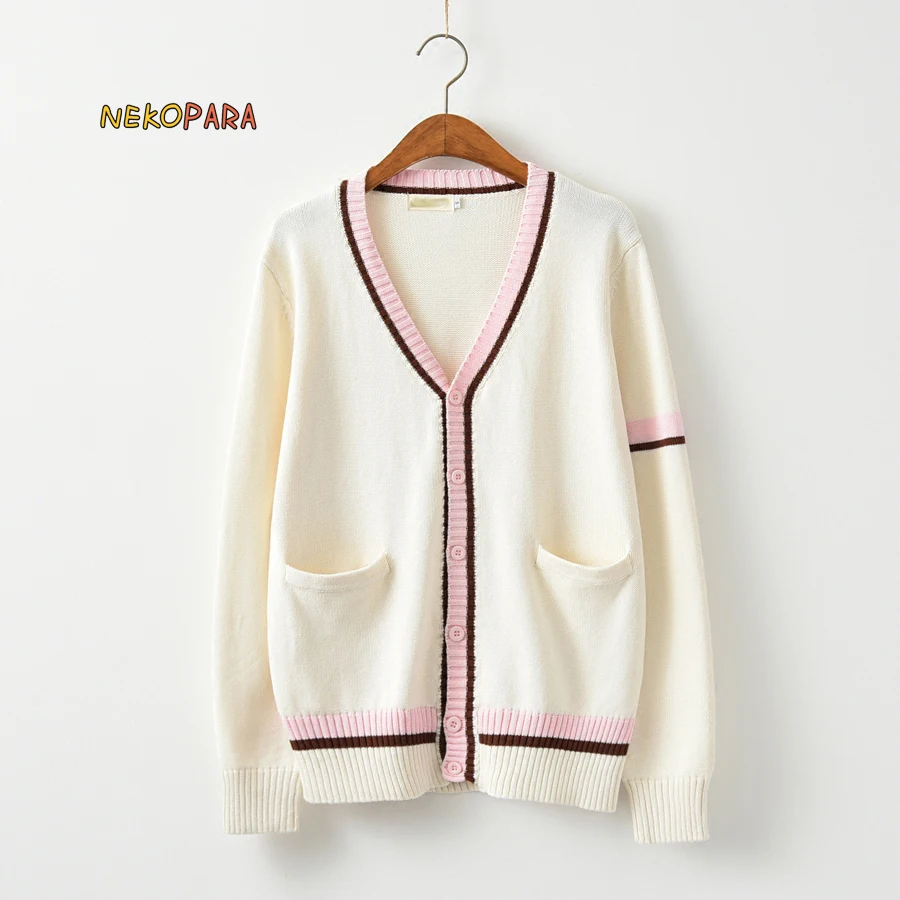 Preppy Style Women's Cute V-Neck Winter Sweater Pink Stripes Japanese School JK Uniform Cardigan Long Sleeve Color Beige
Preppy Style Women's Cute V-Neck Winter Sweater Pink Stripes Japanese School JK Uniform Cardigan Long Sleeve Color Beige