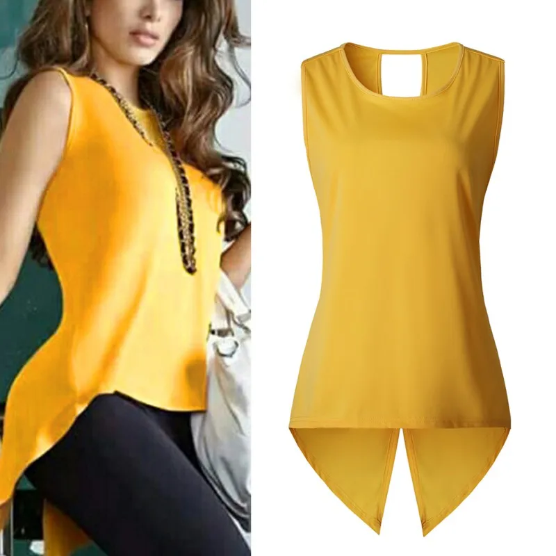2019 Casual Summer Female Tops Women Sleeveless Backless T-shirt Irregular Hollow-out Tops T Shirts Solid Yellow Color Tee
2019 Casual Summer Female Tops Women Sleeveless Backless T-shirt Irregular Hollow-out Tops T Shirts Solid Yellow Color Tee