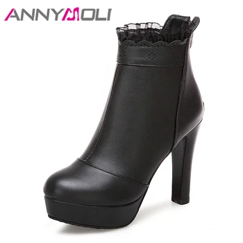 ANNYMOLI Winter High Heel Boots Flower Platform Boots Zipper Shoes Women 2018 Ruffles Ankle Boots White Black Plus Size 34-43
ANNYMOLI Winter High Heel Boots Flower Platform Boots Zipper Shoes Women 2018 Ruffles Ankle Boots White Black Plus Size 34-43