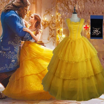 

Adult Movie Beauty and the Beast Princess Belle cosplay costumes Emma Watson Belle dress Yellow Halloween Custom made Plus size