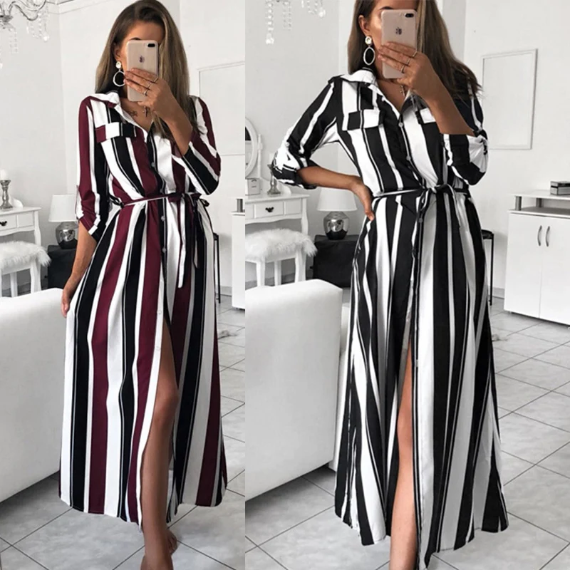 2019 New Fashion Women Sashes Striped Printing Long Dress OL Turn-Down Collar Shirt Dress Vintage Elegant Party Women Dresses
2019 New Fashion Women Sashes Striped Printing Long Dress OL Turn-Down Collar Shirt Dress Vintage Elegant Party Women Dresses