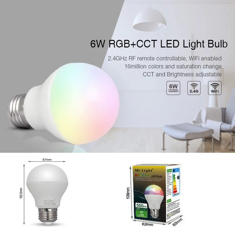 Mi Light FUT014 E27 6 Вт RGB + CCT Светодиодная лампа для смартфона приложение мобильного