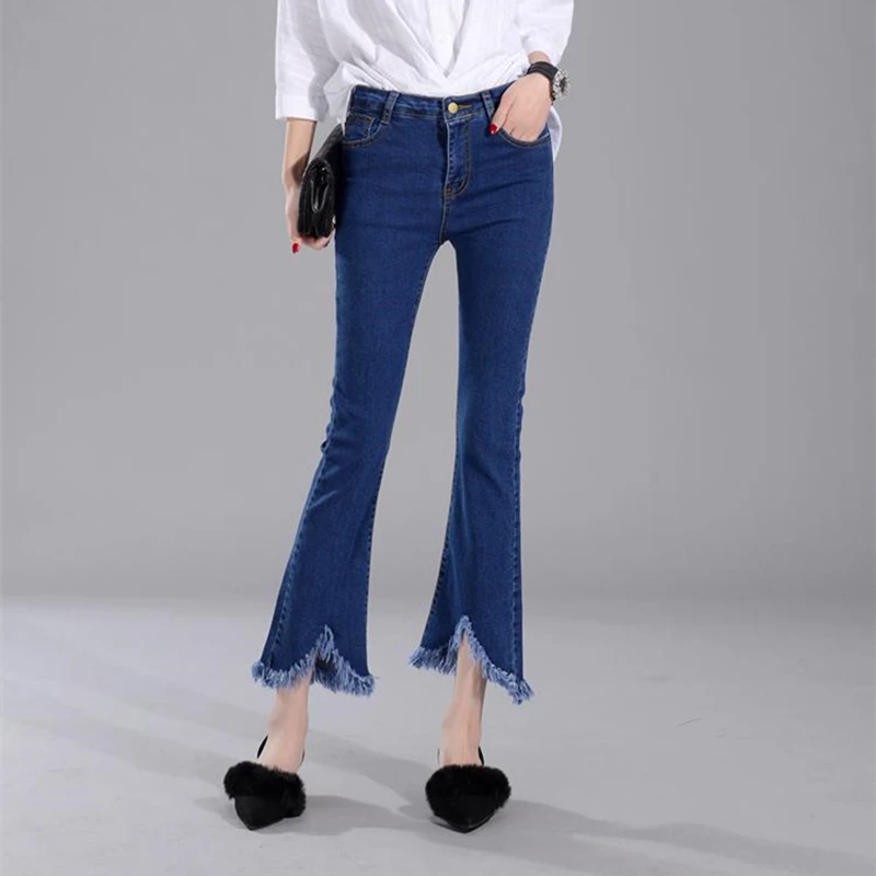 2019 Elasticity Cotton Jeans Woman Fashion Flare Pants Denim irregular Tassel High Waist Jeans Skinny Pockets Women Trousers
2019 Elasticity Cotton Jeans Woman Fashion Flare Pants Denim irregular Tassel High Waist Jeans Skinny Pockets Women Trousers