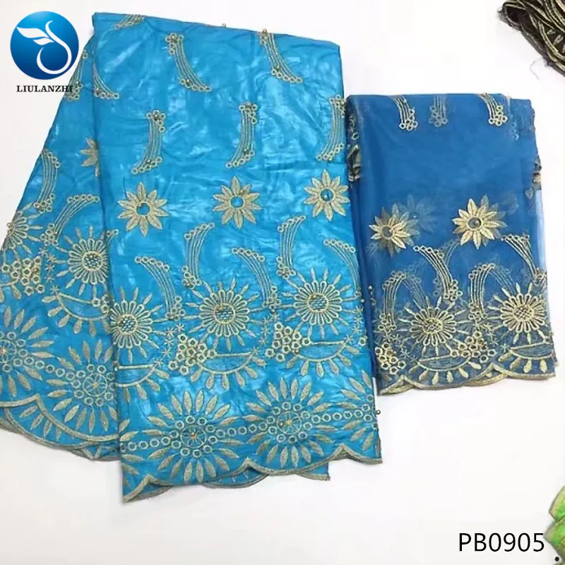 

LIULANZHI bazin riche getzner 2018 cotton fabric tissu jacquard brocade fabric with beads sky blue high quality 7yards/lot PB09