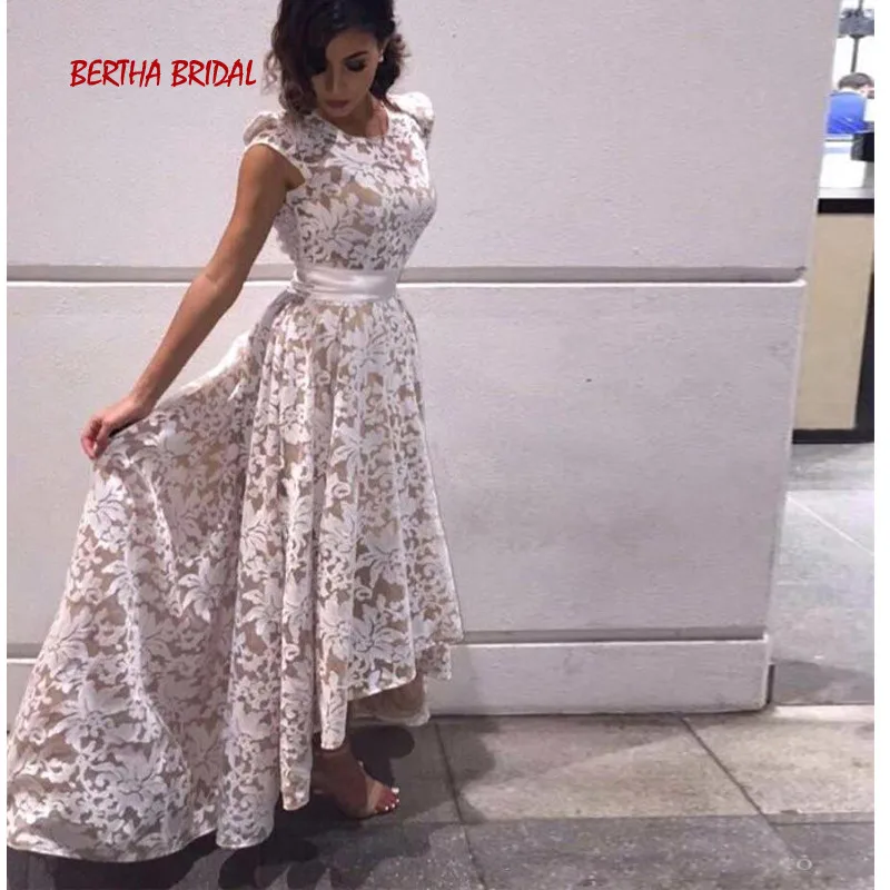 Elegant Arabic White Prom Dress Cap Sleeves Scoop Neck Lace High Low Gown Abiti Da Cerimonia Sera | Свадьбы и торжества