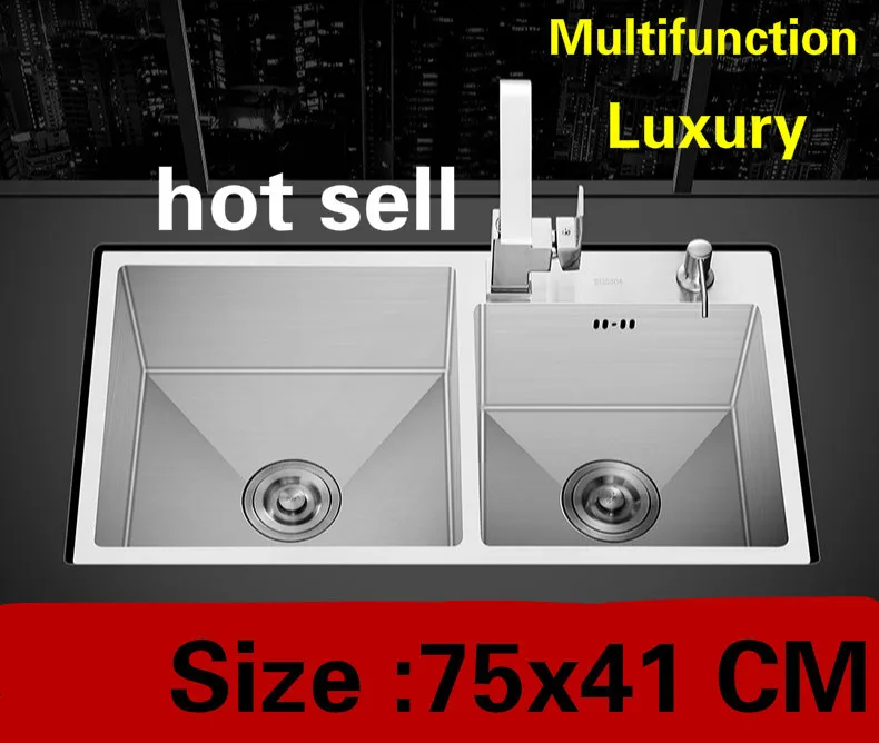 

Free shipping Apartment kitchen manual sink double groove multifunction do the dishes hot sell 304 stainless steel 75x41 CM