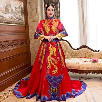 

Women Bride Wedding Dress Ancient Embroidery Chinese Trailing Qipao Phoenix Cheongsam Toast Clothing Vestidos S-XXL Lady Gift