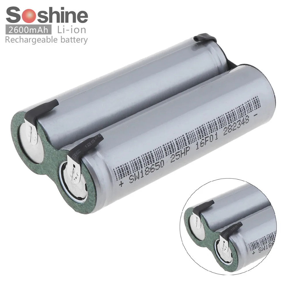 2pcs Soshine 18650 2600mAh Li-ion Rechargeable Battery with Nickel Sheet and Series Connection for Screwdriver / Drill
2pcs Soshine 18650 2600mAh Li-ion Rechargeable Battery with Nickel Sheet and Series Connection for Screwdriver / Drill