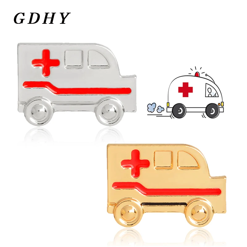 Золотая/серебряная брошь GDHY в форме машины скорой помощи эмалированная с красным