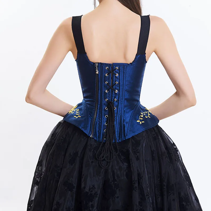 Blue Black Victorian Gothic Retro Overbust Corset Top Vest Sexy Embroidery Shoulder Strap Corsets And Bustiers Korsett For Women (3)
