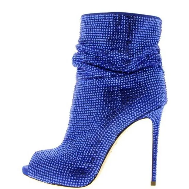 Elegant Blue Crystal Peep Toe Ankle Boots Thin Heels Rhinestone Gladiator Boots Women Customized Slip-on Ladies Runway Boots
Elegant Blue Crystal Peep Toe Ankle Boots Thin Heels Rhinestone Gladiator Boots Women Customized Slip-on Ladies Runway Boots