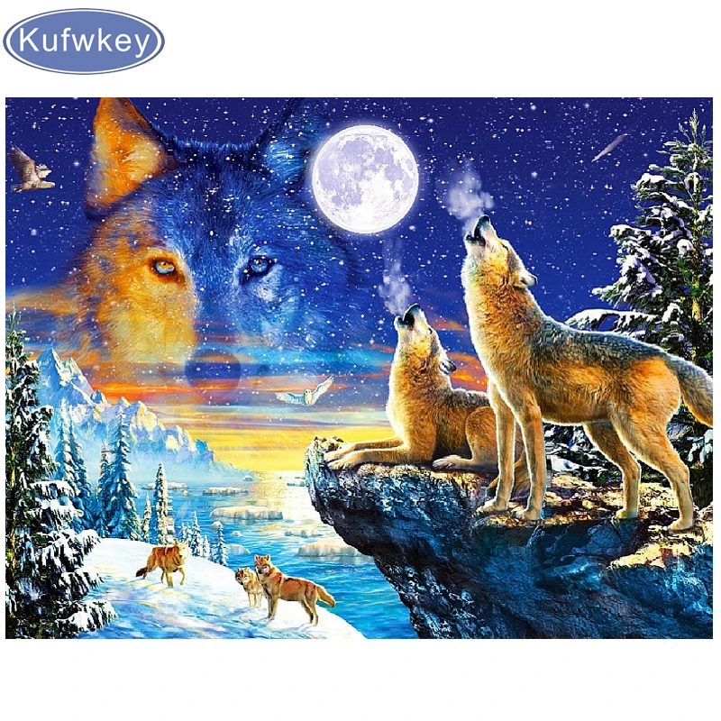 Full Drill 5D DIY Diamond Painting snow moonlight wolf animals landscape Embroidery Cross Stitch Mosaic Home Decor Gift | Дом и сад