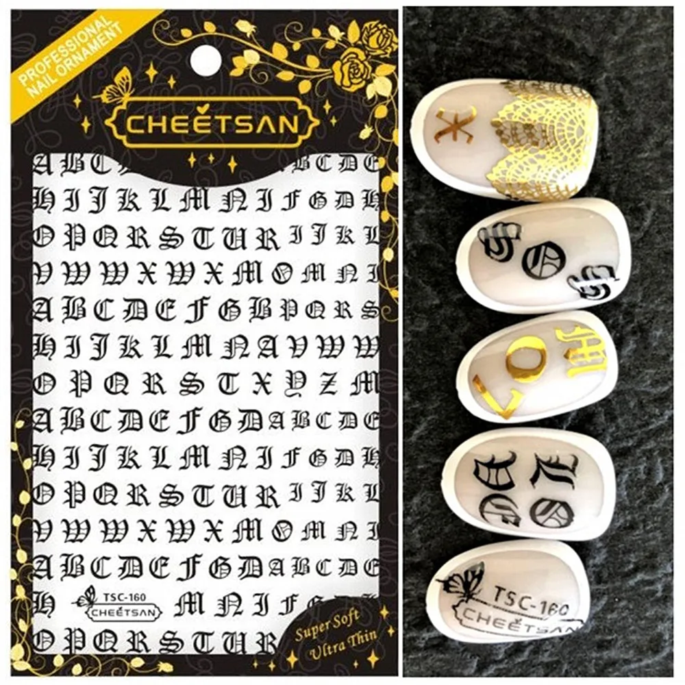 TSC-160 Cheetsan black old letters ewest 3d nail art stickers nail decals export quality gold sticker