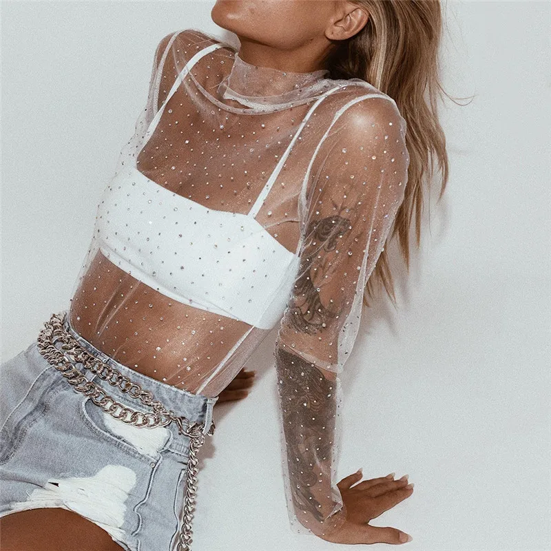 2018 Summer Fashion Lace Perspective Mesh Top Women Sequin Long Sleeve High Neck Female T-Shirt Shiny Women Tops Female Blusas
2018 Summer Fashion Lace Perspective Mesh Top Women Sequin Long Sleeve High Neck Female T-Shirt Shiny Women Tops Female Blusas