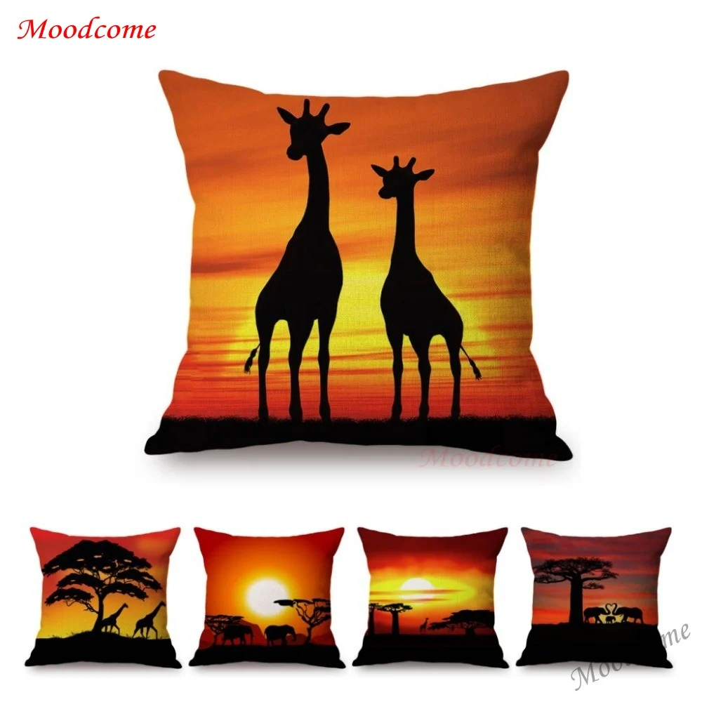 

18" Beautiful Africa Sunset Cute Baby Giraffe Elephant Sofa Throw Pillow Case Cotton Linen African Animals Chair Cushion Cover