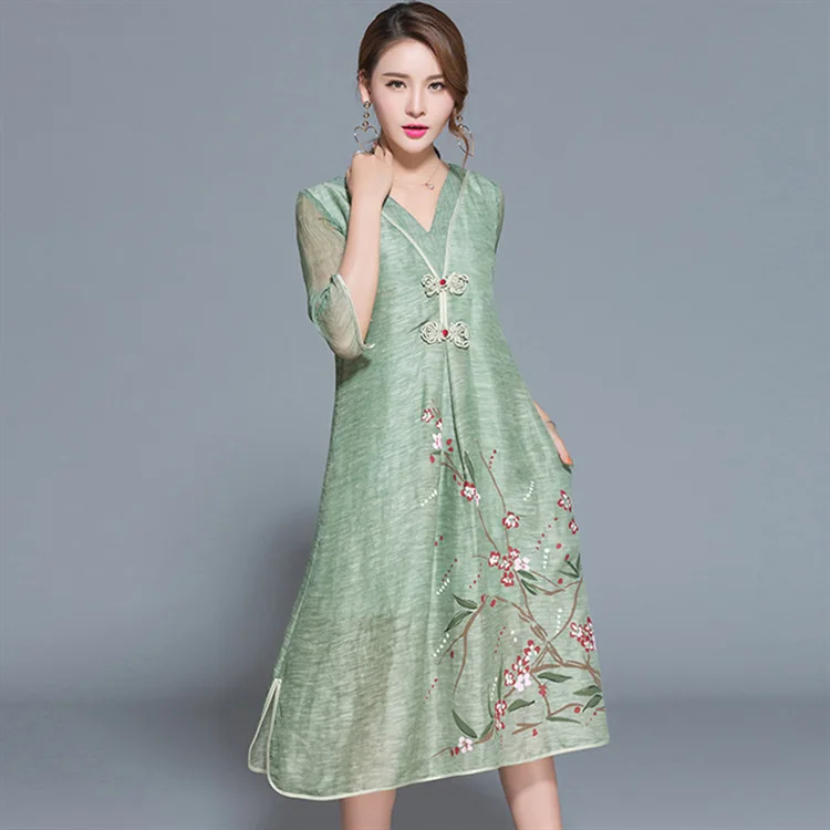Ethnic Chinese Style V Neck Button Floral Print Women Dresses High Quality Silk Linen Dress Side Split Pocket Vestidos Plus Size
Ethnic Chinese Style V Neck Button Floral Print Women Dresses High Quality Silk Linen Dress Side Split Pocket Vestidos Plus Size