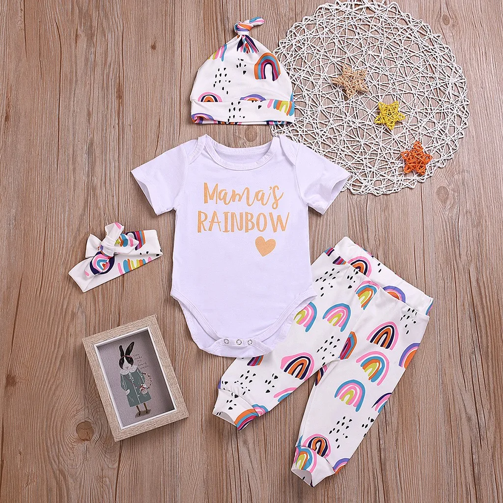Summer baby short-sleeved letter jumpsuit rainbow pants hat newborn baby girl clothes headband four-piece suit Outfit#G6
Summer baby short-sleeved letter jumpsuit rainbow pants hat newborn baby girl clothes headband four-piece suit Outfit#G6