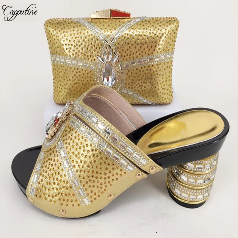 Latest slip-on high heel evening party shoes and purse bag sets nice matching for evening dress 126-1 in gold, heel height 8cm
Latest slip-on high heel evening party shoes and purse bag sets nice matching for evening dress 126-1 in gold, heel height 8cm