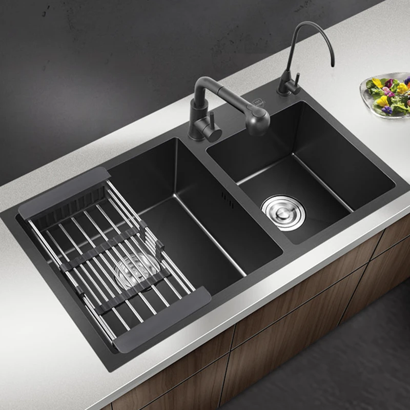 

SUS304 Stainless Steel Black Thickened Brushed Manual Sink Double Trough Package Kitche Basin Sink Nano Double Basin Undermount