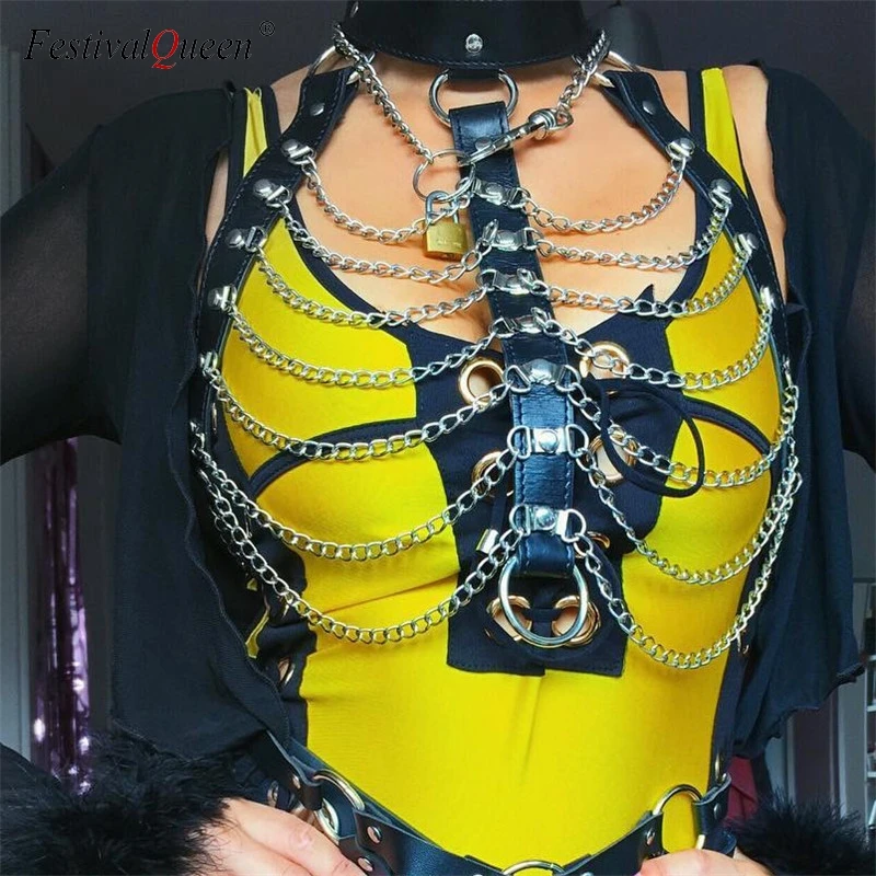 FestivalQueen Sexy Faux Leather Body Harness Crop Top Metal Drape Chain Patchwork Women Night Club Backless Cami Top for Lady
FestivalQueen Sexy Faux Leather Body Harness Crop Top Metal Drape Chain Patchwork Women Night Club Backless Cami Top for Lady