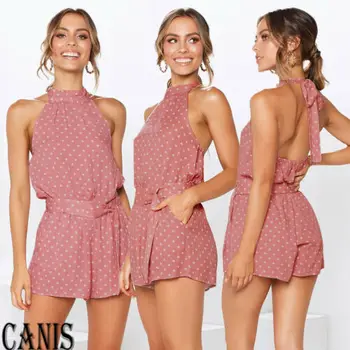 Women Polka Dot Sleeveless Playsuit Bandage Jumpsuit Ladies Backless Halter Romper Female Summer Beach Party Casual Outfits
Women Polka Dot Sleeveless Playsuit Bandage Jumpsuit Ladies Backless Halter Romper Female Summer Beach Party Casual Outfits