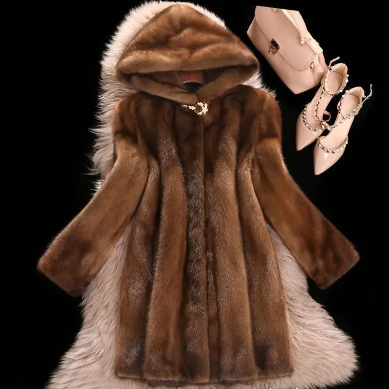 The s-6xl mink coat, designed for women in 2019, is a dark brown coat made from synthetic fur.