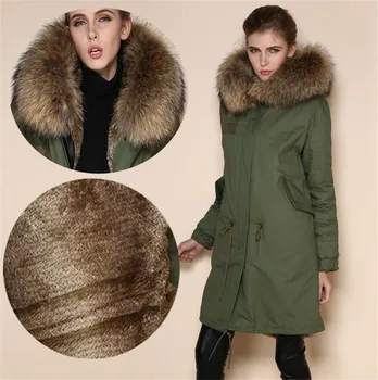 

High quality rabbit fur lined army green, black, dark blue coats Mr Mrs fur hood long jacket faux grass hare fur lining parka