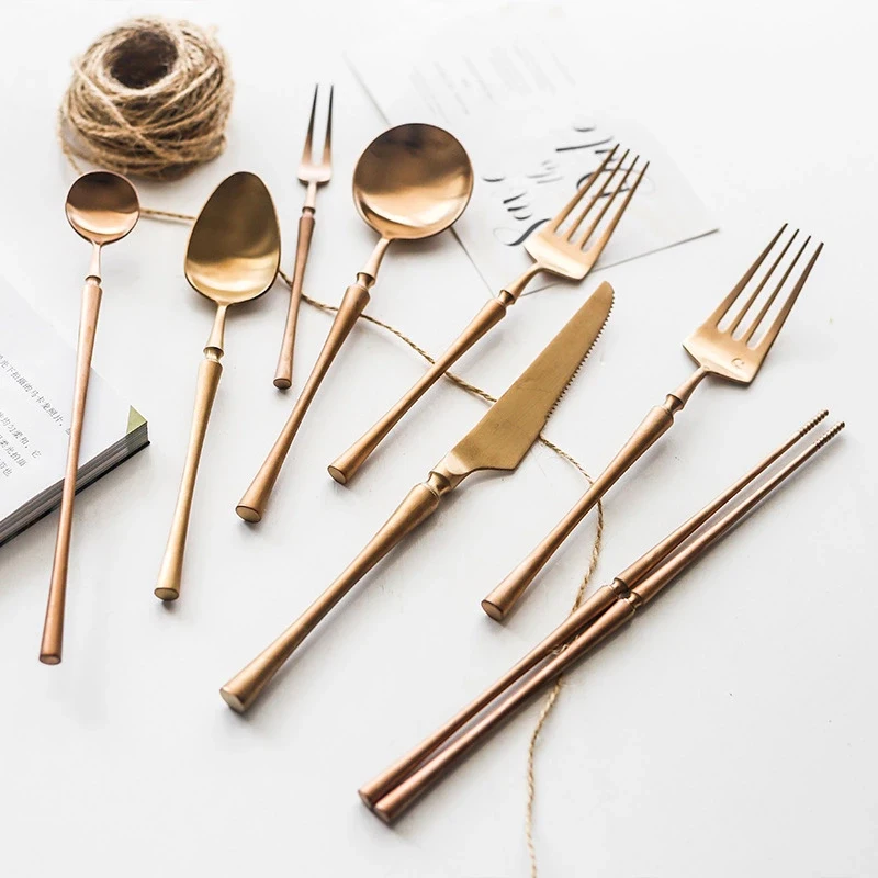 Luxury Rose Golden Cutlery Set 304 Stainless Steel Colored Dinner Knife & Fork Dinnerware Tableware Set Kitchen Accessories
Luxury Rose Golden Cutlery Set 304 Stainless Steel Colored Dinner Knife & Fork Dinnerware Tableware Set Kitchen Accessories
