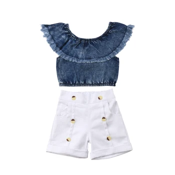 2pcs/set Fashion Kid Baby Girls Clothing denim off shoulder T shirts + White shorts Summer Baby Girls Outfits 2018
2pcs/set Fashion Kid Baby Girls Clothing denim off shoulder T shirts + White shorts Summer Baby Girls Outfits 2018