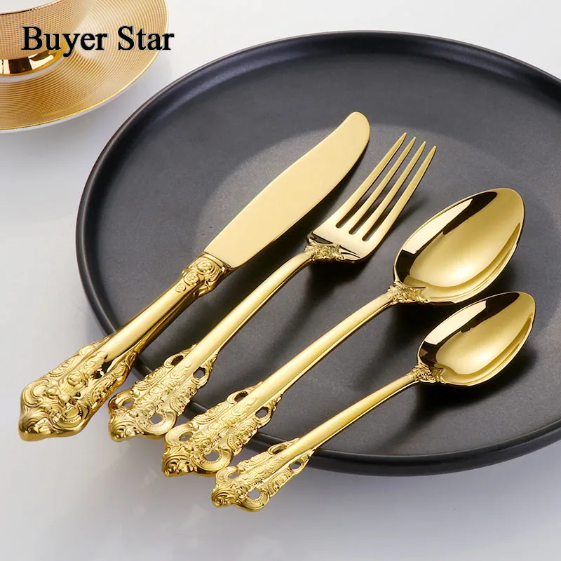 

Buyer Star Gold Flatware Silverware Set 32-Piece Stainless Steel Cutlery Tableware Eating Utensil Set Home Kitchen Service For 8
