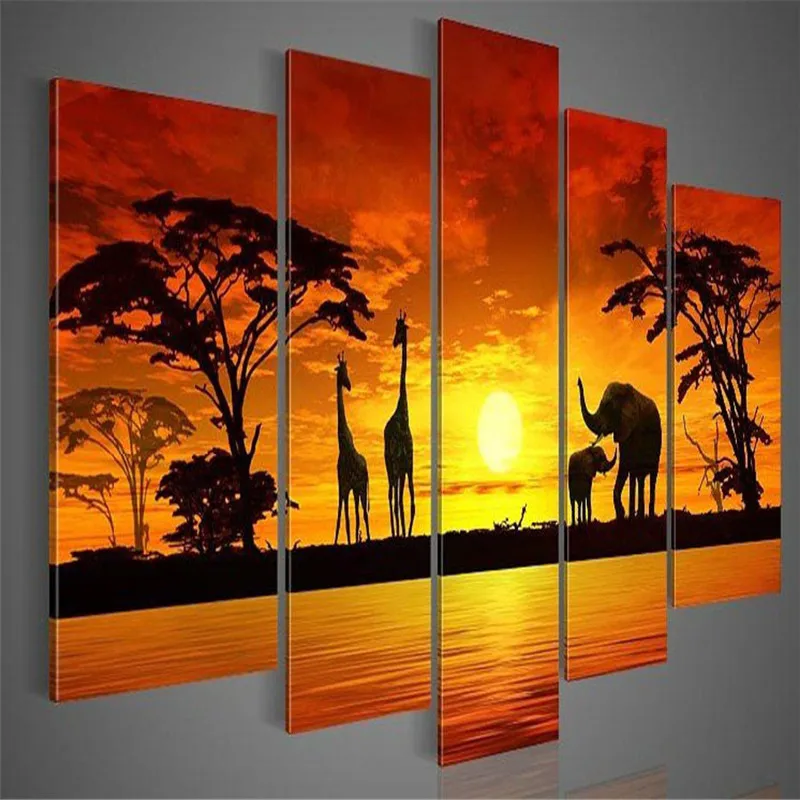 

handmade 5 piece modern africa oil painting on canvas modular paintings elephant giraffe animal wall picture for living room