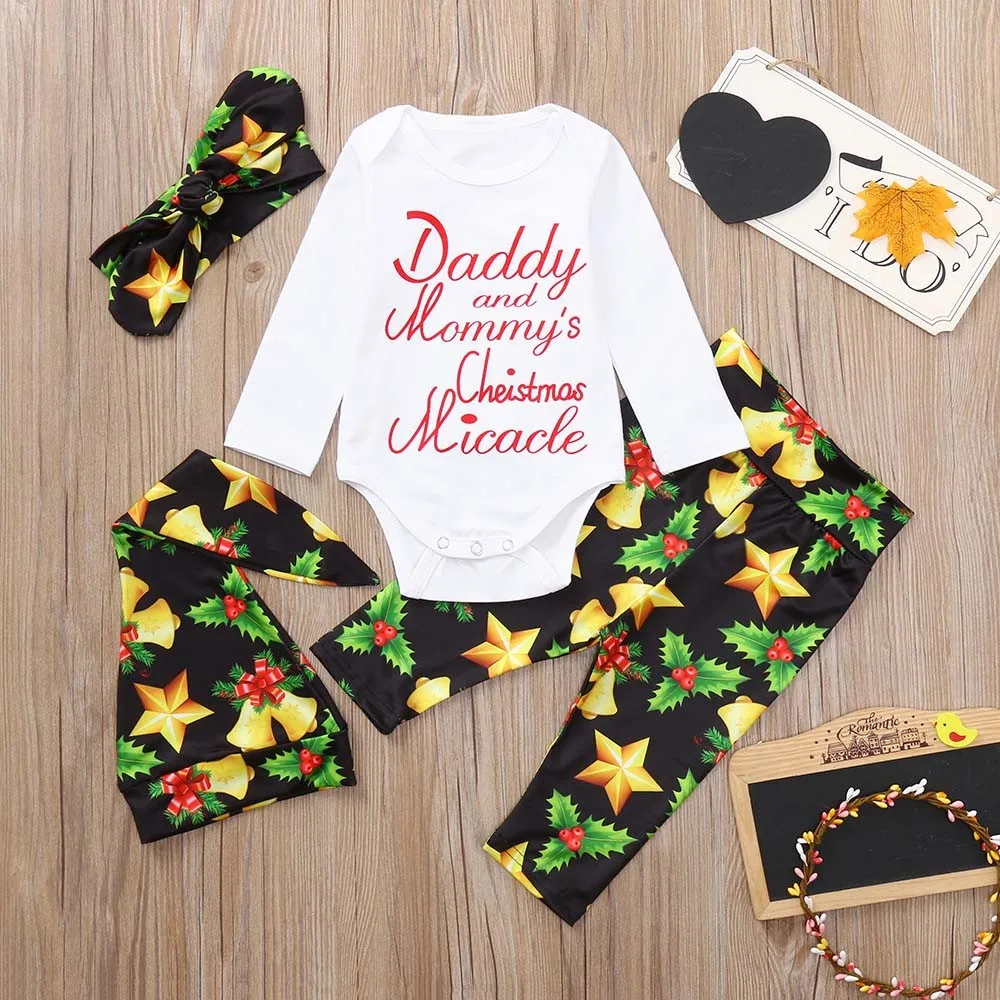 Newborn Baby Boys Girl Christmas Bell Star Letter Printed O-neck Long Sleeve Romper+Pants+Hat+Headband Set Infant Outfit Clothes
Newborn Baby Boys Girl Christmas Bell Star Letter Printed O-neck Long Sleeve Romper+Pants+Hat+Headband Set Infant Outfit Clothes