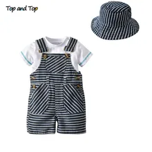 Top e Top Verão Roupas de Bebê Menino Conjunto de Roupas de Bebê de Algodão de Manga Curta T-camisa Listrada + Suspensórios Calções + chapéu Roupa Casual(China)