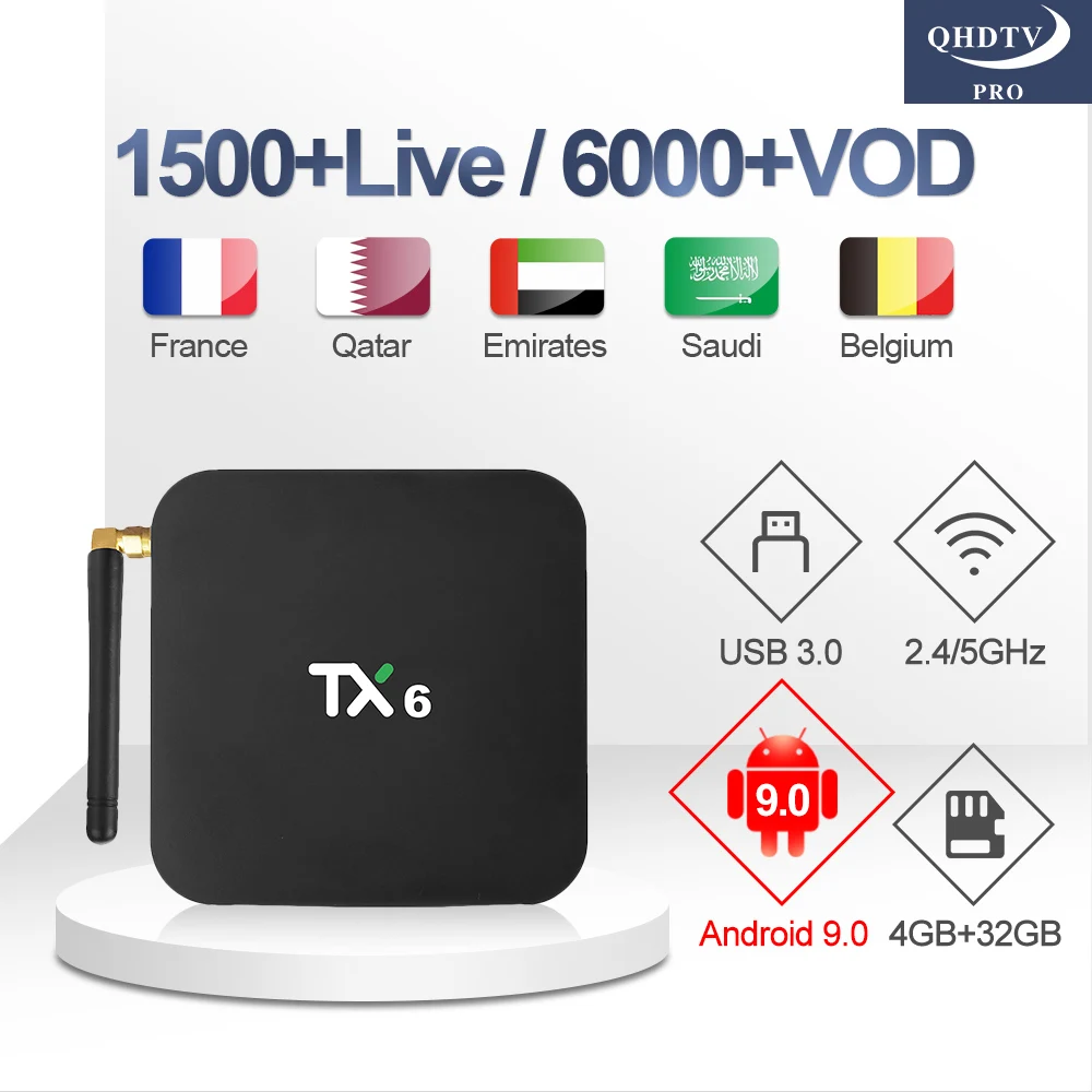 TX6 IP TV Box with 1 Year QHDTV Pro IPTV Subscription Arabic French Android 9.0 TV 4G 32G Box Belgium Netherlands QHDTV Pro IPTV
TX6 IP TV Box with 1 Year QHDTV Pro IPTV Subscription Arabic French Android 9.0 TV 4G 32G Box Belgium Netherlands QHDTV Pro IPTV