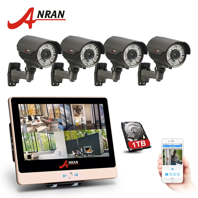 

ANRAN 4CH 1080P 12 Inch LCD Monitor POE NVR Home Security System 78 IR 2.8-12MM lens Waterproof CCTV Camera Outdoor HDD Optional