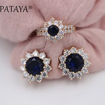 PATAYA Original Design Dark Blue Sunflower Round Natural Zircon Earrings Rings Sets 585 Rose Gold Women Wedding Luxury Jewelry
PATAYA Original Design Dark Blue Sunflower Round Natural Zircon Earrings Rings Sets 585 Rose Gold Women Wedding Luxury Jewelry