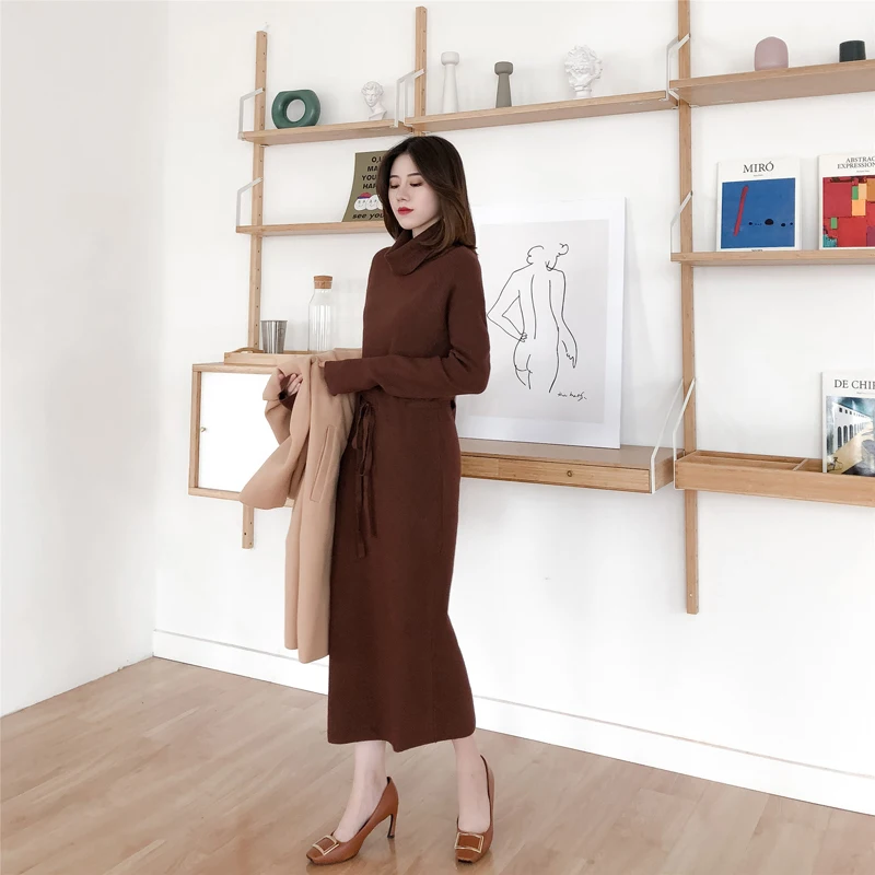 Winter Turtleneck Lace Up Knitted Long Full Sleeve Dress Winter Turtleneck Lace Up Knitted Long Full Sleeve Dress