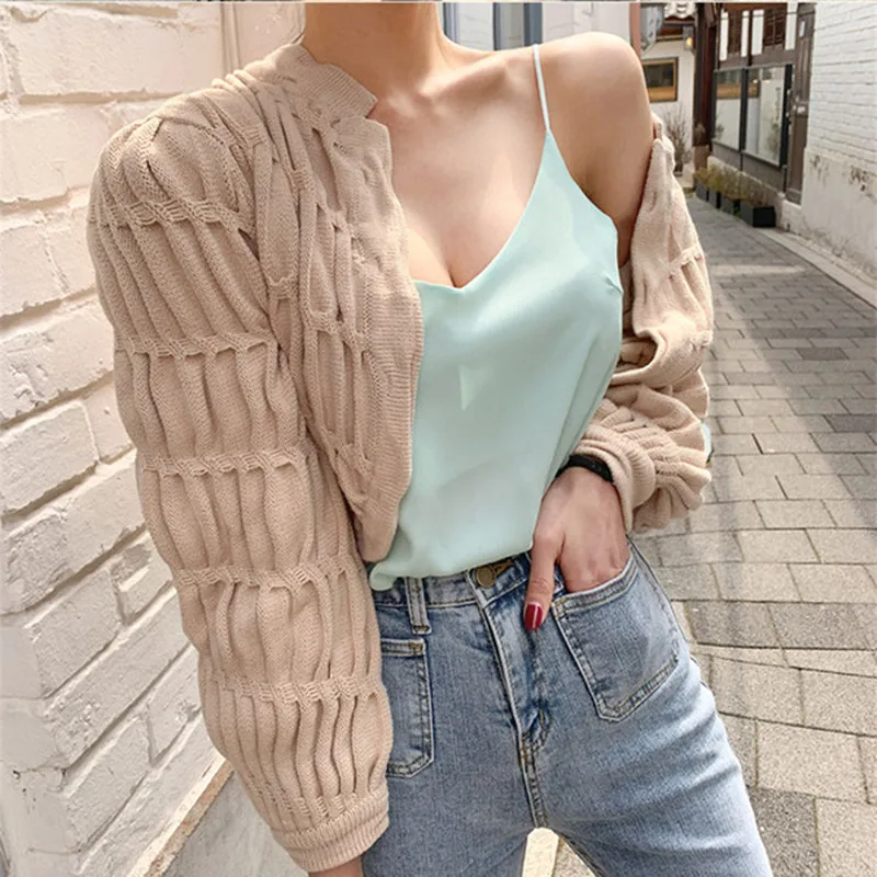 

2019 Autumn New Chic Fold Knitted Sweater Korean Women Slim Solid Color Long Cardigan Khaki Crop Tops