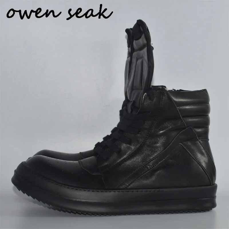 

Owen Seak Women Shoes Genuine Leather High-TOP Ankle Boots Sneaker Luxury Trainers Boots Casual Lace-up Zip Flat Black Big Shoes